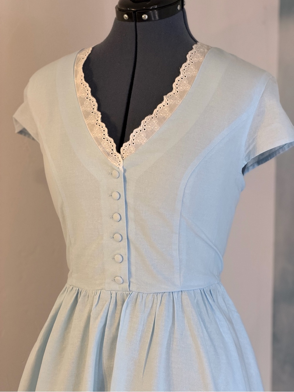 Light Blue w/ White Lace-Trim Tea Length Dress 149 - Picture 2 of 11